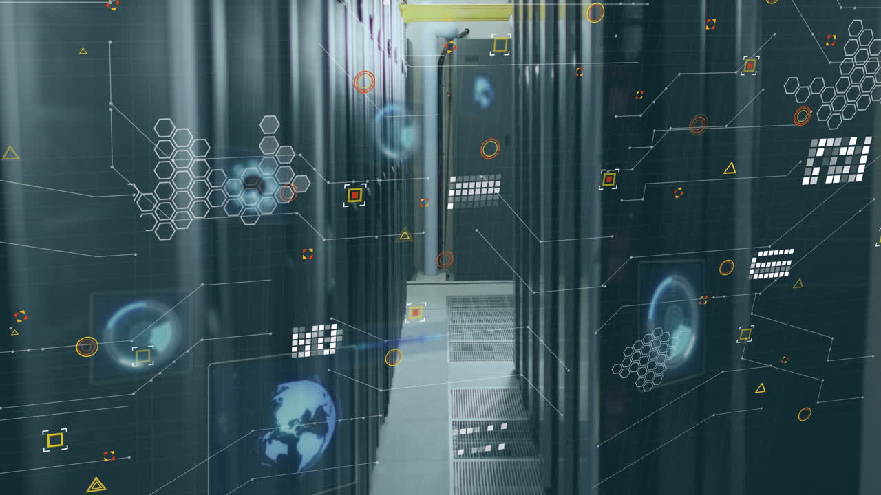 Animation of round scanners and data processing against computer server room