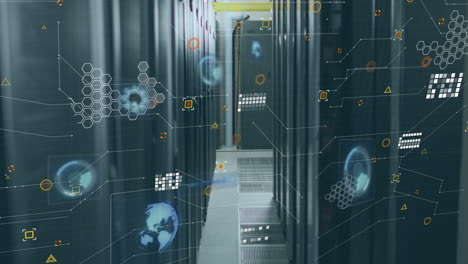 animación de escáneres redondos y procesamiento de datos contra la sala de servidores de computadoras.