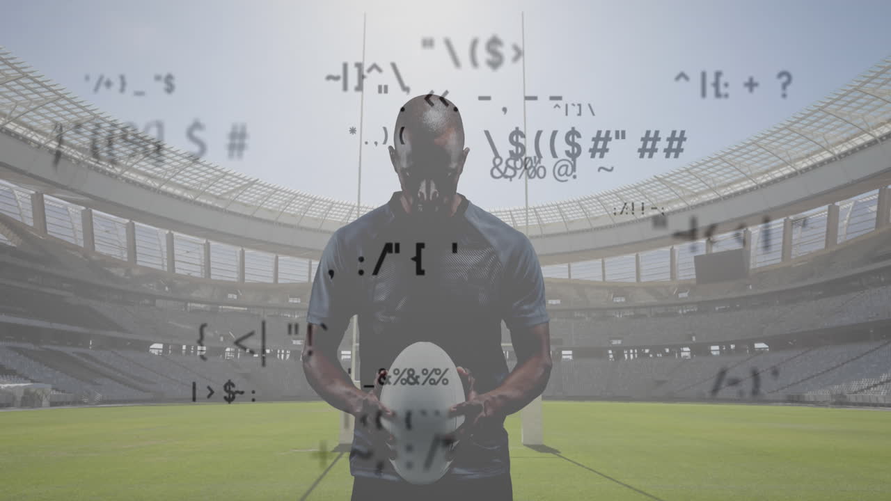 스포츠 경기장을 향해 공을 들고 있는 남성 럭비 선수에 대한 여러 가지 변화하는 기호