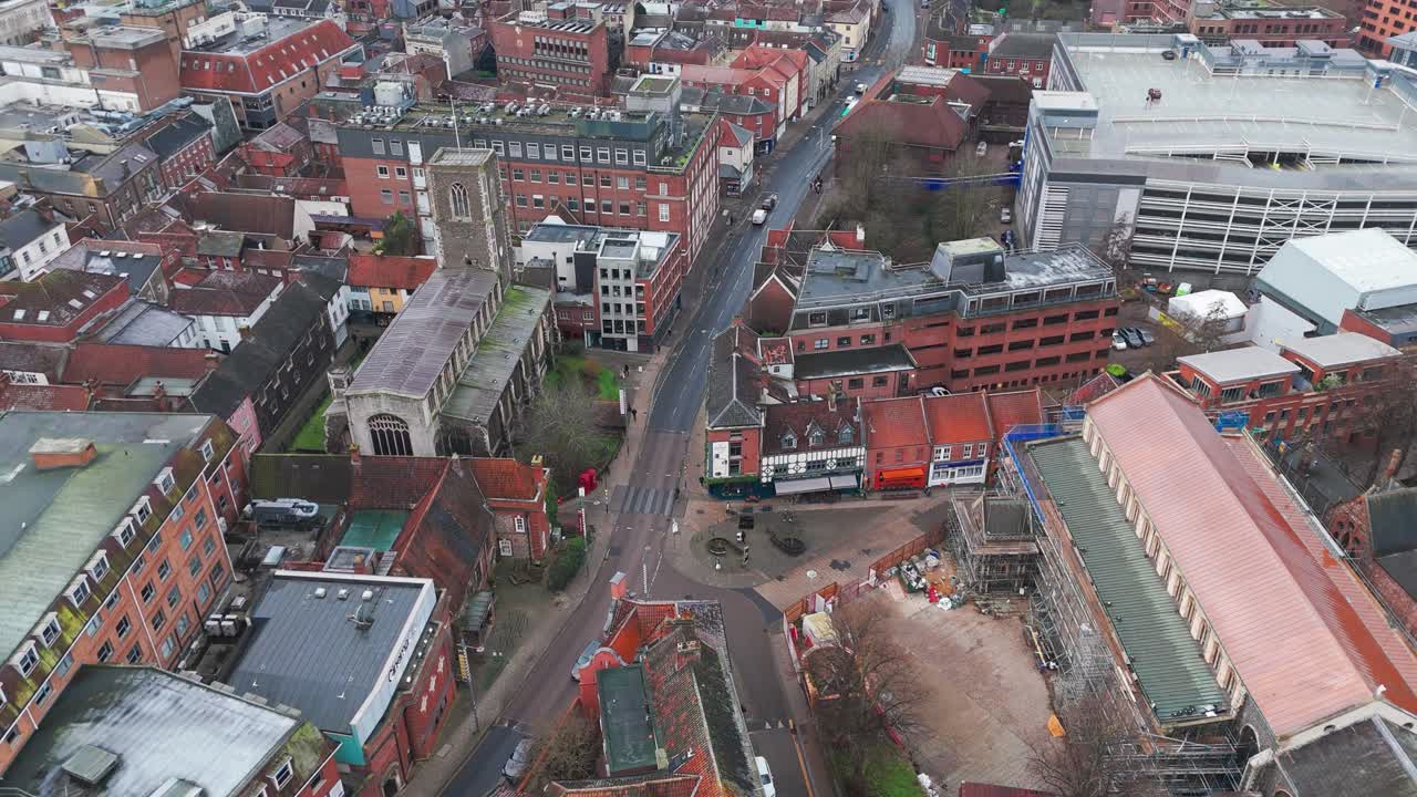 Norwich norfolk, showcasing churches, turrets, shops, and streets, aerial view