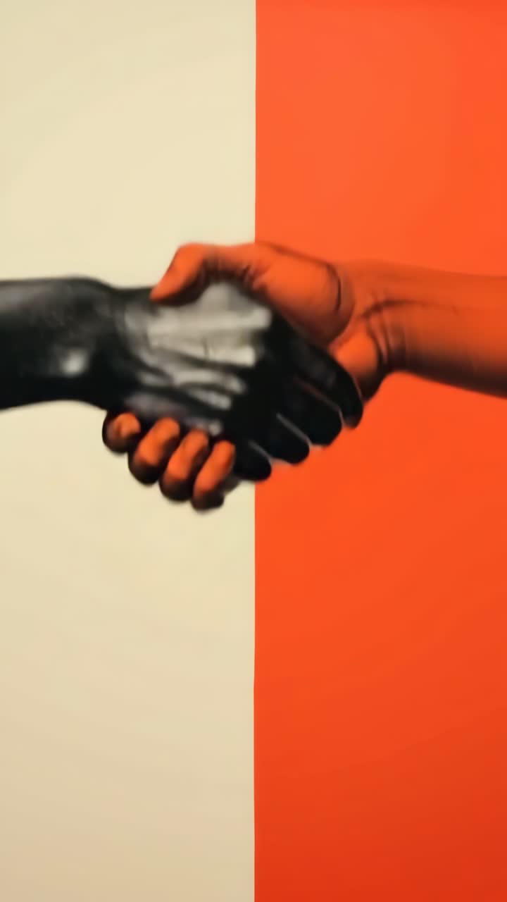 A close-up video still of two hands shaking, one painted black and the other orange, against a split