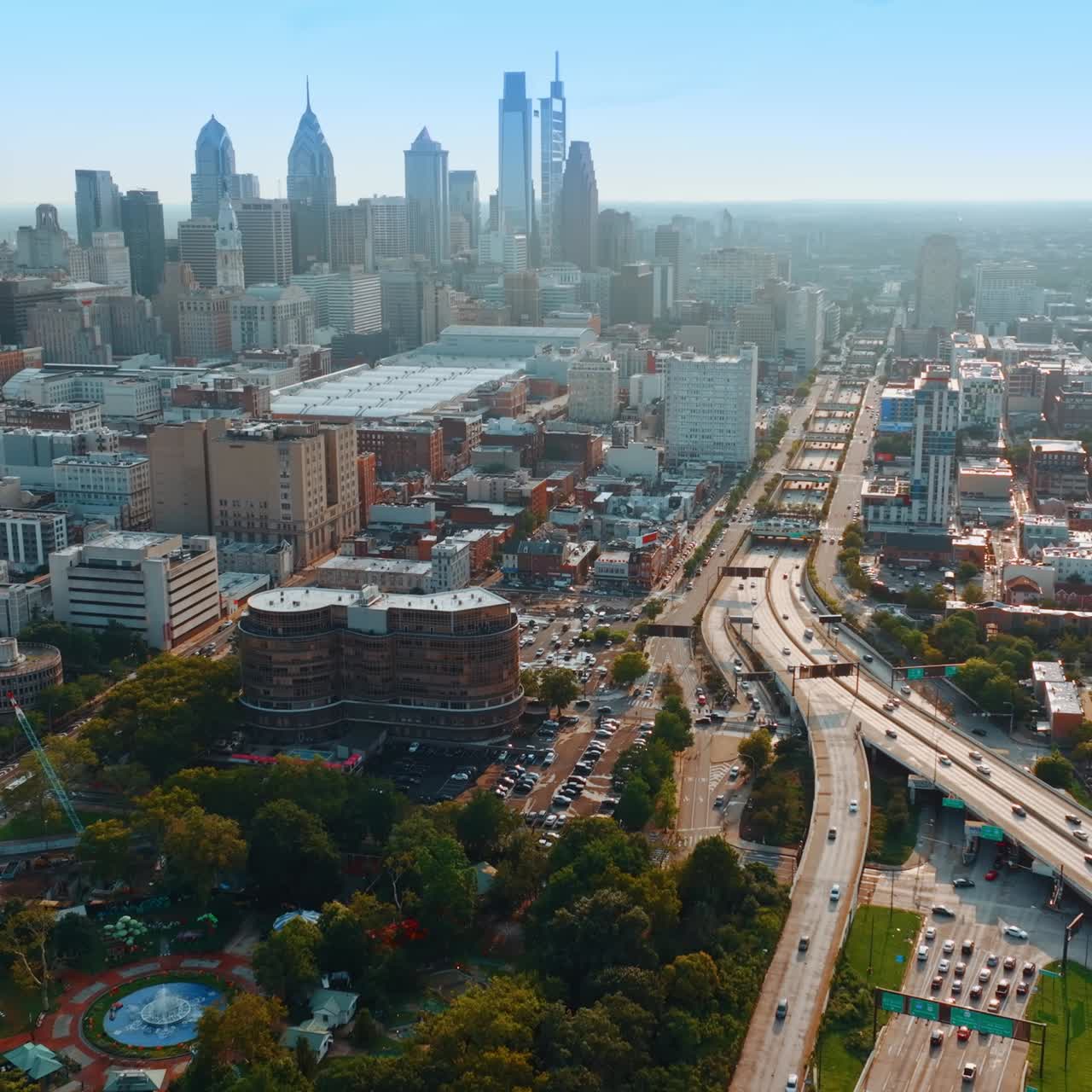 Urban scenery of American city at daytime. Beautiful Philadelphia downtown from drone footage