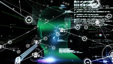 animación de la interfaz que muestra un modelo de cabeza humana con información y una red de iconos conectados