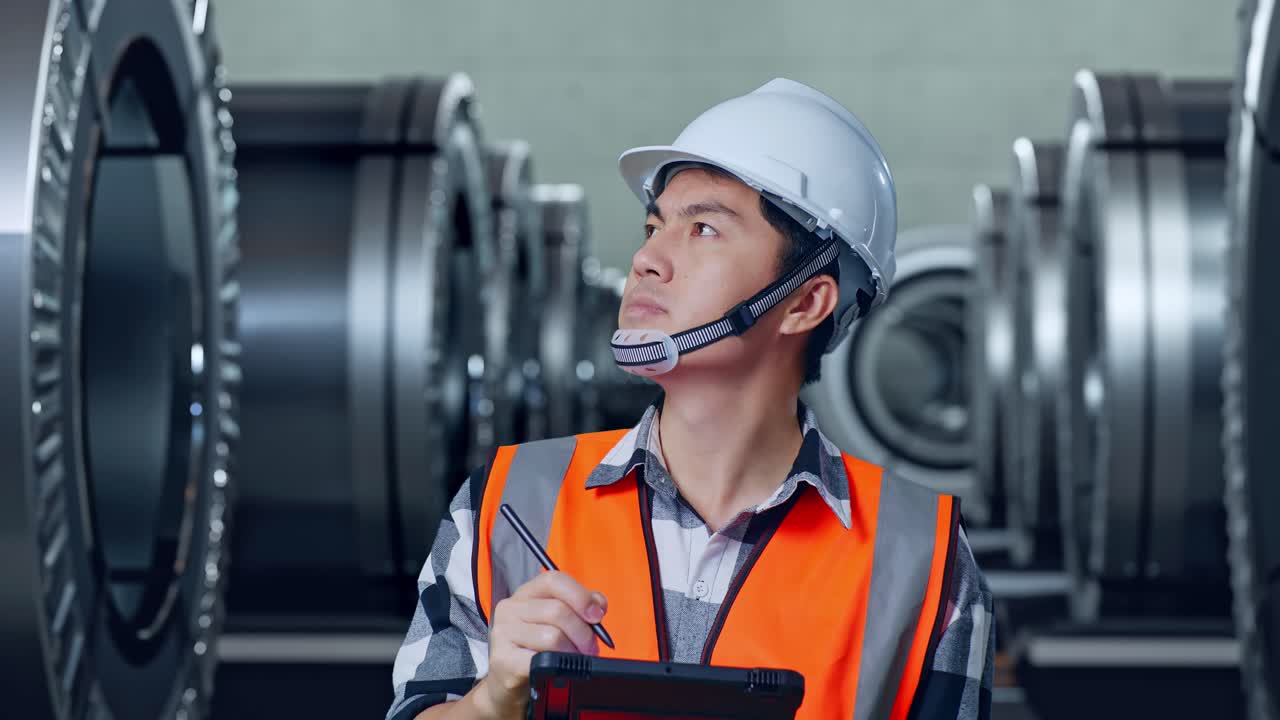 안전 헬을 입은 아시아 남성 엔지니어가 태블릿에 메모를 하고 금속 공장에서 서서 주변을 둘러보고 있습니다.