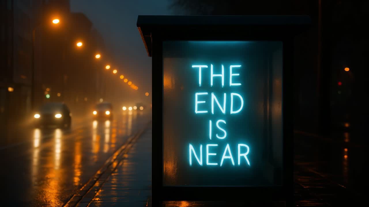 Neon sign displaying the end is near illuminated in rainy urban street at night with reflections