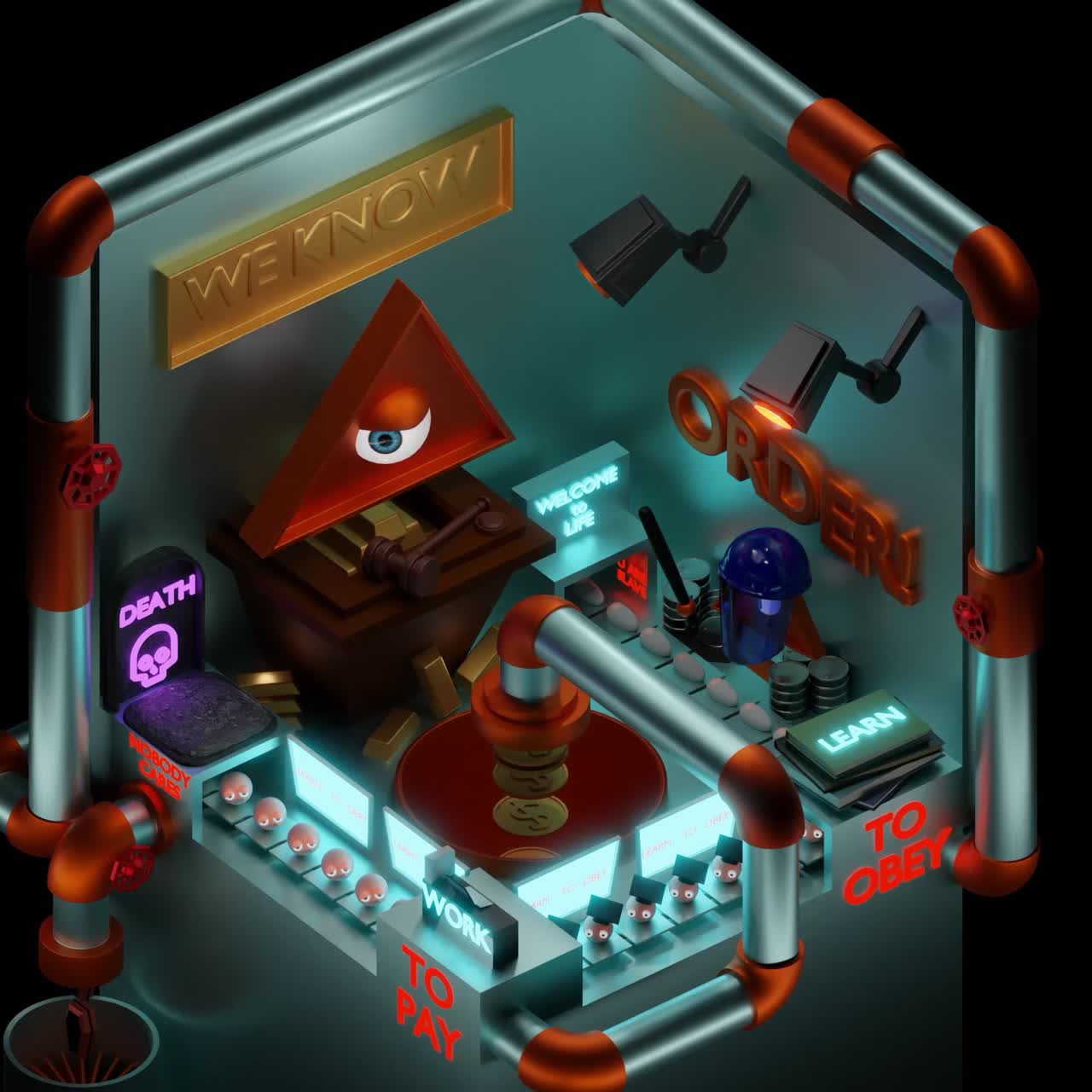Surveillance and Control: A 3D Illustration of a Machine that Enforces Order