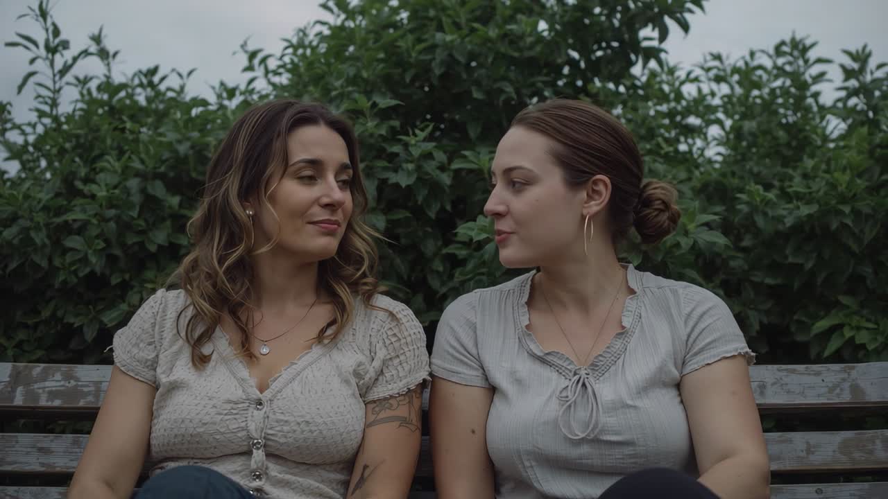 Virando a cabeça, a mulher à direita começa a falar, enquanto as mulheres trocam olhares em um banco de parque, com tatuagens de correntes e argolas.