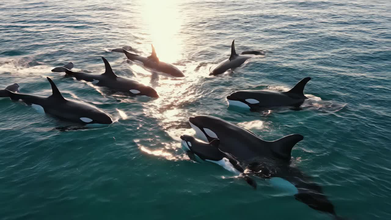 A pod of orcas swimming in the ocean