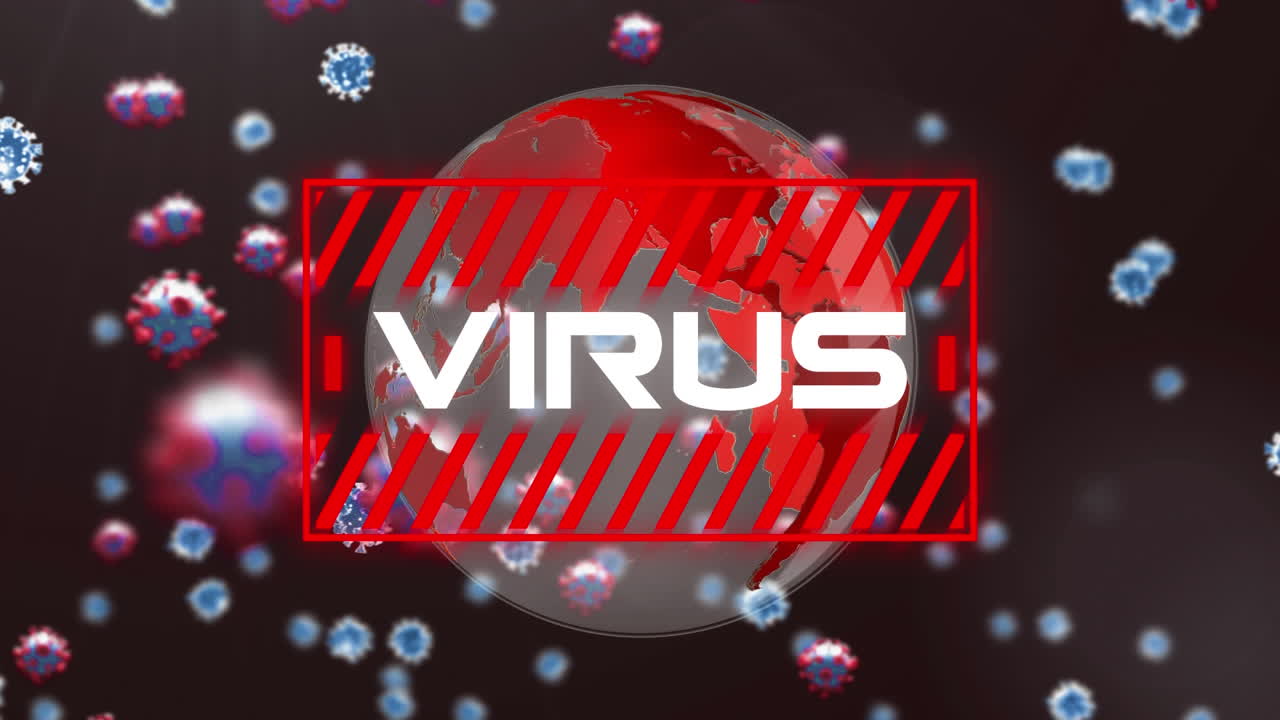 animación del texto del virus con células 3d covid 19 flotando sobre el globo sobre fondo negro