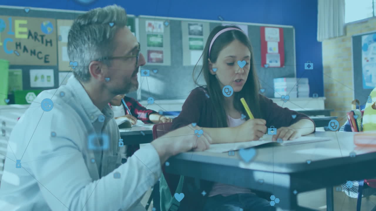 Teacher assisting student with homework, surrounded by social media icons animation
