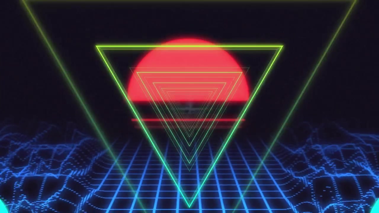 Contorni di triangoli concentrici su sole rosso nascente con griglia blu distorta sotto su sfondo nero.
