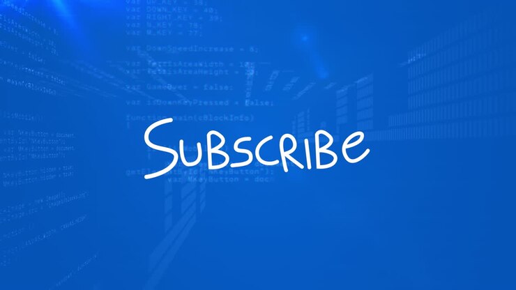 Animation of subscribe text over data processing on blue background