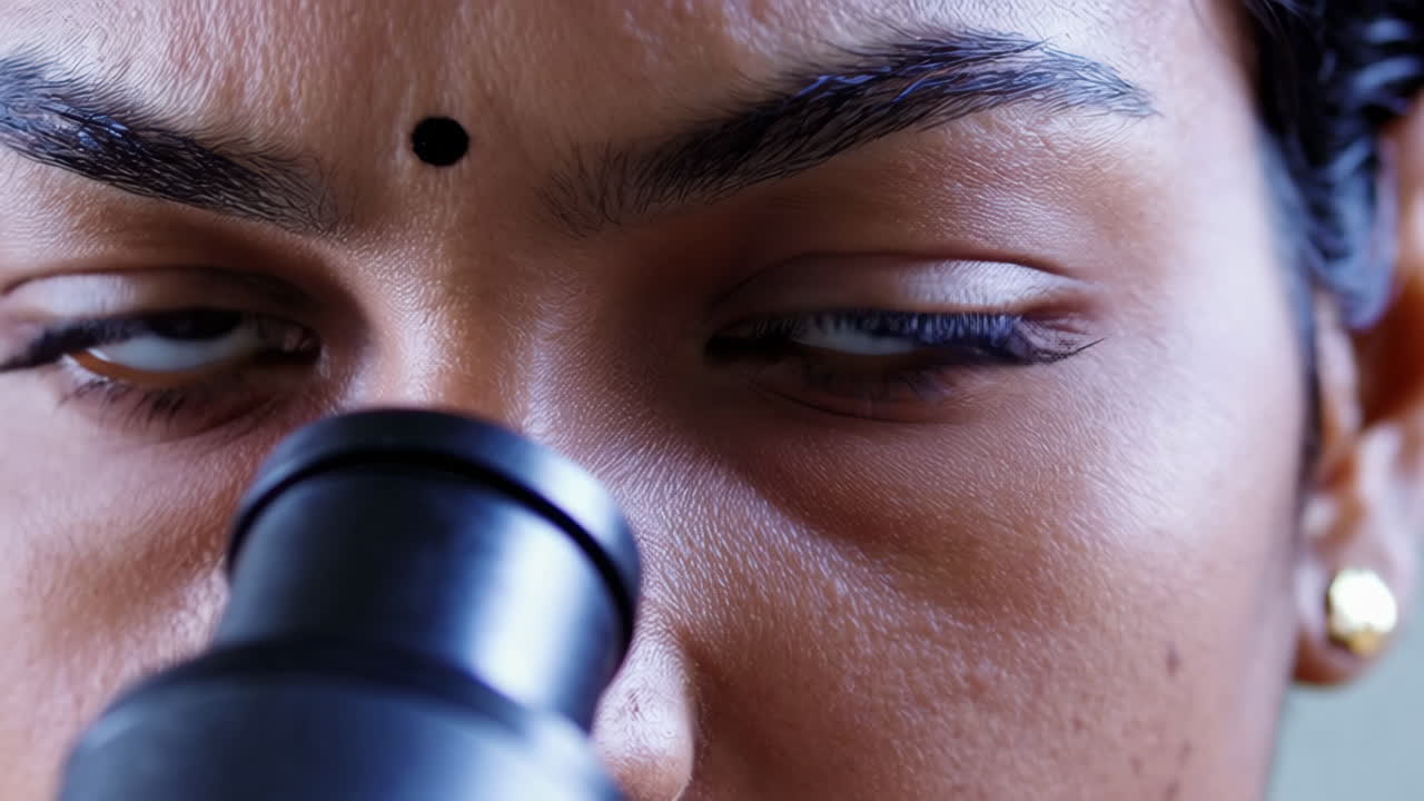 A close-up of a person's eyes looking into a microscope