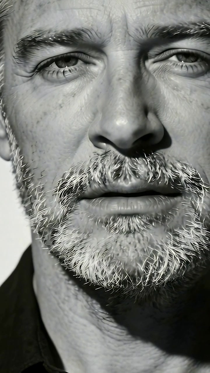 Vertical video: Looking right, bearded man in dark shirt shifting eyes, blinking