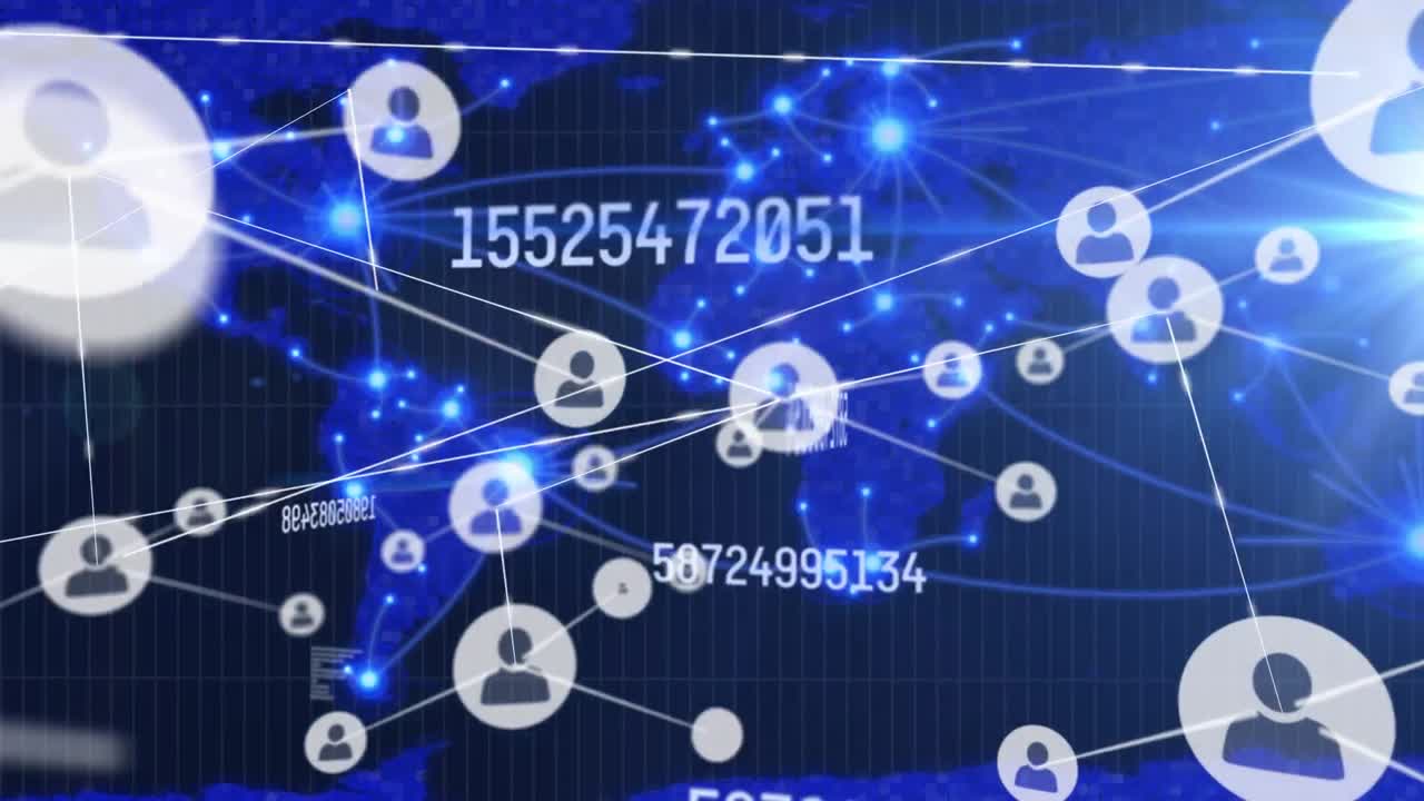 데이터 처리 및 세계 지도를 통한 연결 네트워크의 애니메이션