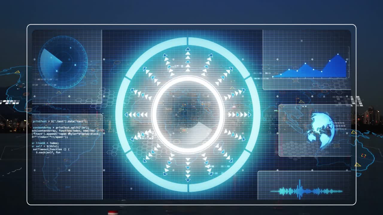 둥근 스캐너와 데이터 처리 인터페이스의 애니메이션과 도시 풍경의 흐릿한 시야