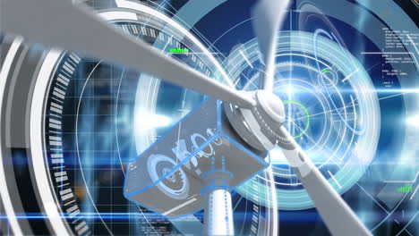 animación del giro de la turbina eólica, procesamiento de datos y escaneo de alcance