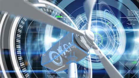 animation of wind turbine spinning, data processing and scope scanning