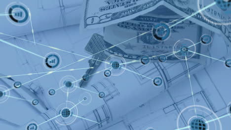 dollar bills and blueprints with network connections and data processing animation