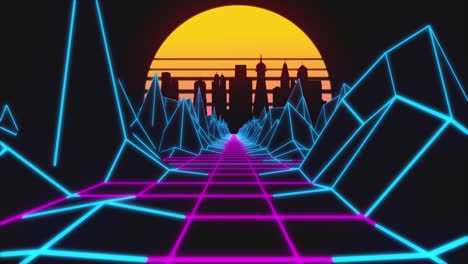 retrowave horizonte paisaje luces de neón y terreno de baja poli con ciudad moderna y sol. animación de bucle de fondo retro de los años 80