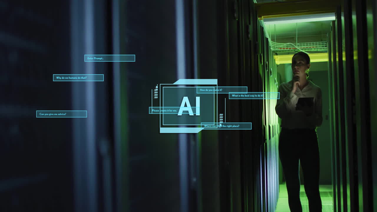 Animation of ai text, data processing over caucasian female engineer by computer servers