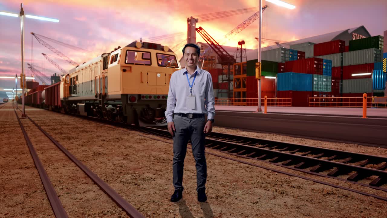 Full Body Of An Asian Male Professional Worker Standing With Freight Cargo Train At Port, He Look At The Camera And Smiling