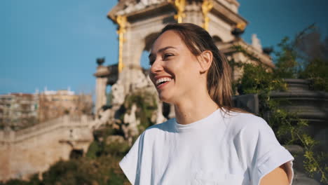 close-up view of sporty caucasian woman outdoors.