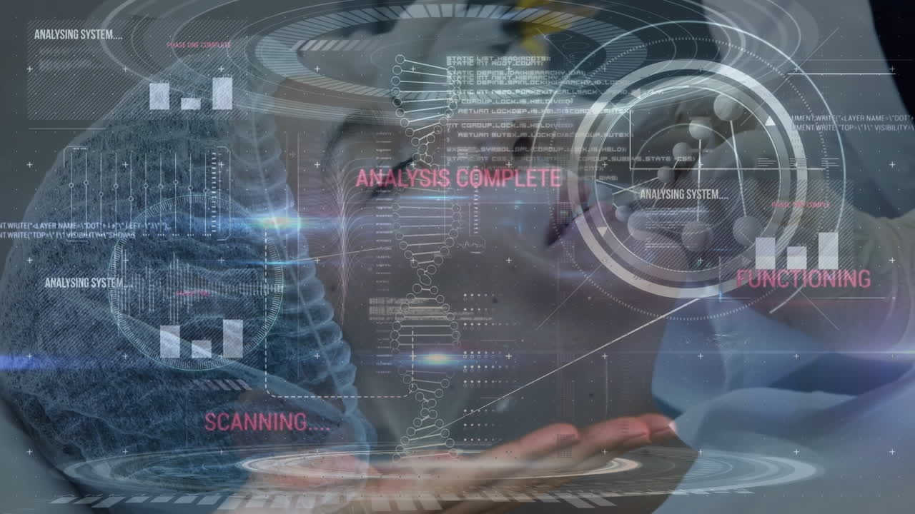 Animation of medical data processing over caucasian woman getting botox treatment on her face