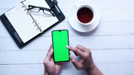 persona que sostiene un teléfono inteligente con una pantalla verde, entorno de oficina