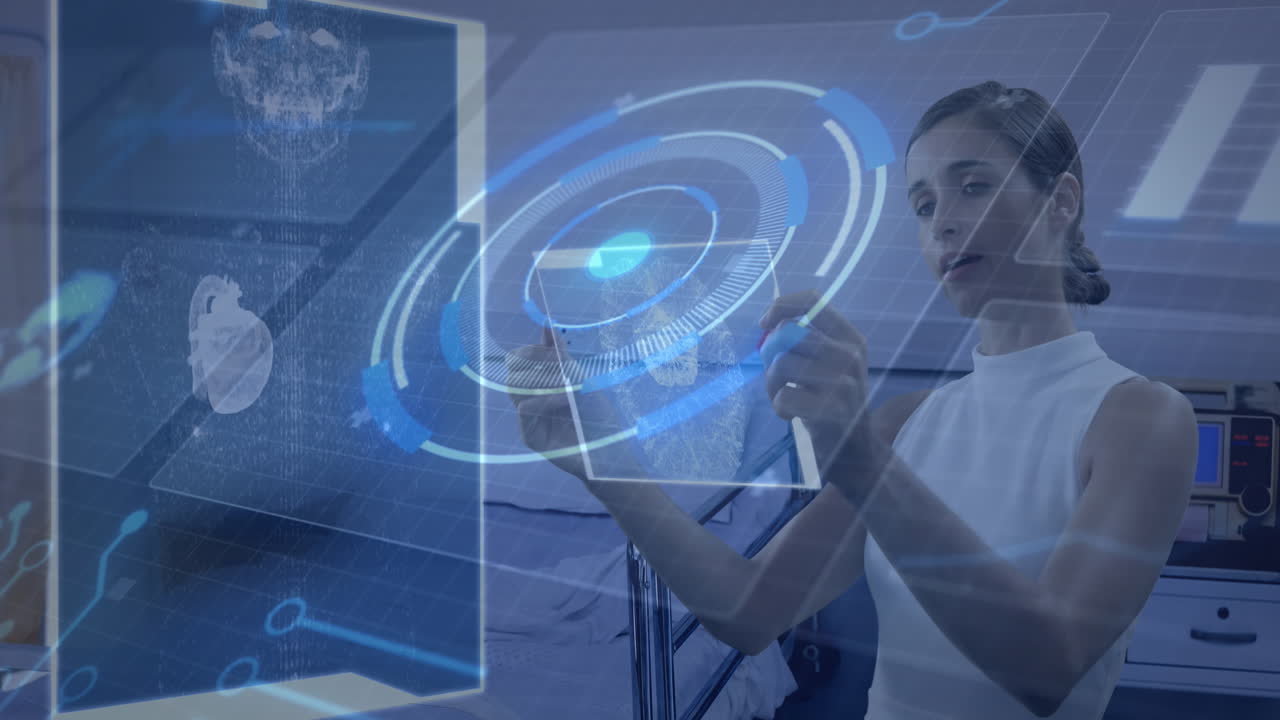 Animación de placa de circuito, procesamiento de datos sobre mujer sosteniendo una tablet
