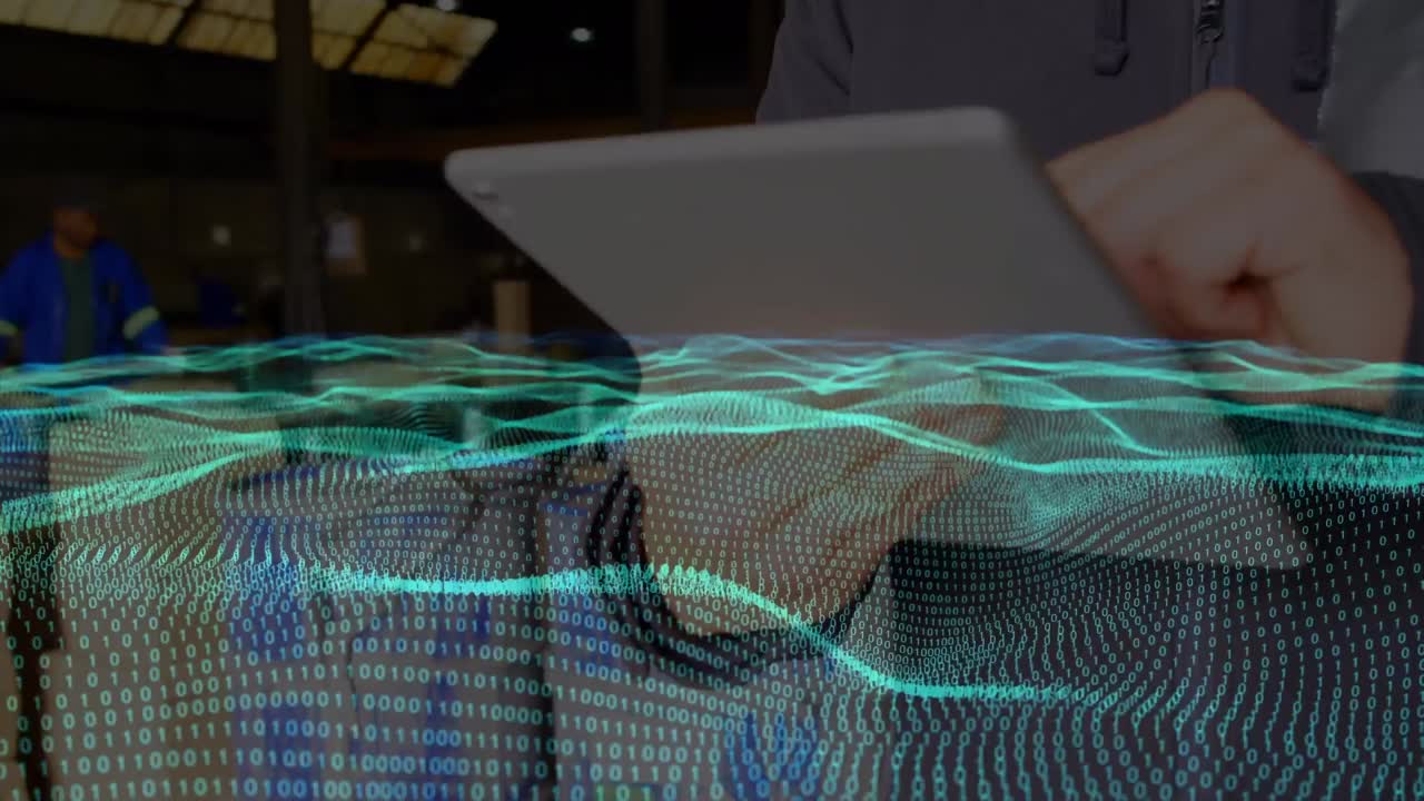 animación de ondas con procesamiento de datos sobre un trabajador caucásico usando una tableta