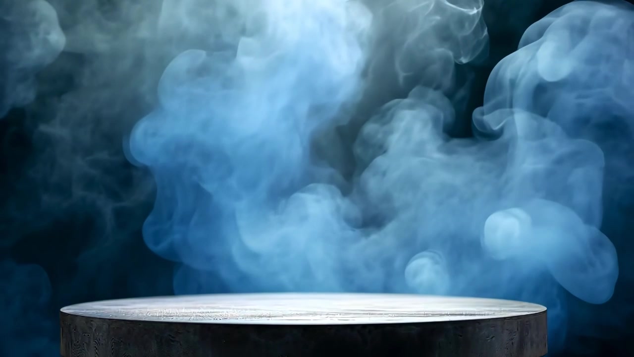 Empty Circular Pedestal with Swirling Blue Smoke Background