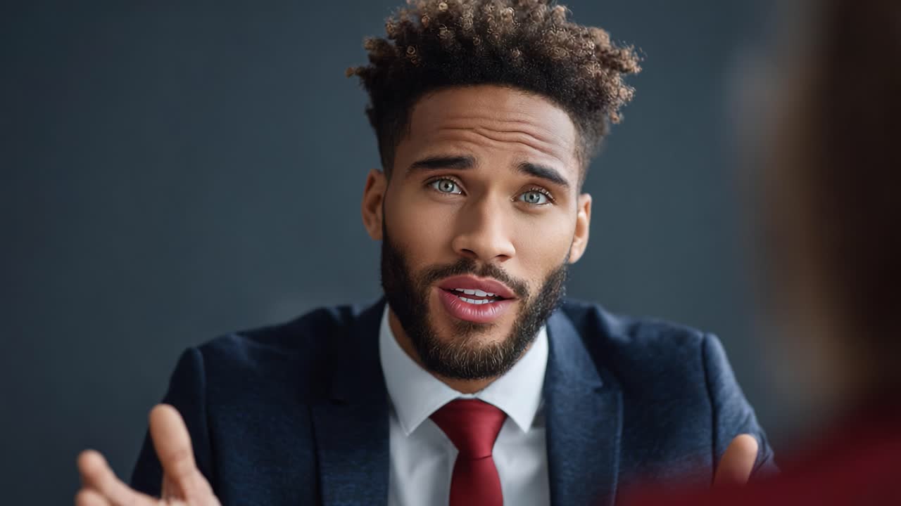 Engaging Conversation with a Professional: A Close-Up Perspective of a Well-Dressed Speaker Expressing Thoughts and Ideas During a Meeting or Interview