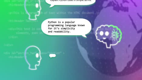 animación de chat de ia en línea y procesamiento de datos en todo el mundo en fondo verde.