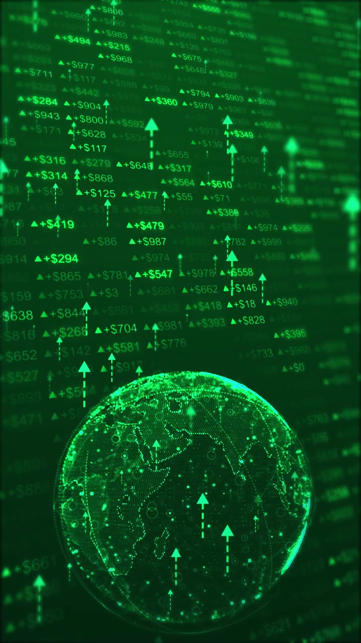 Green global finance growth background with digital earth rising arrows stock numbers and glowing