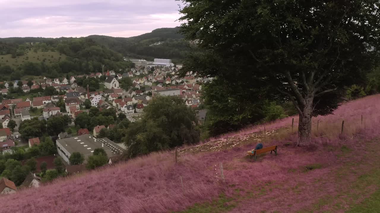 Pink pagan hillside aerial shot. A walker is taking a break sitting at a bench and watch down to a little part of a town - wonderful summer day