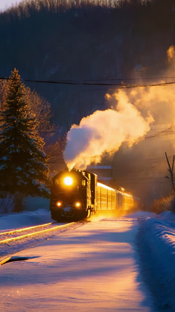 A Majestic Winter Steam Train Journey Through Snow-Covered Landscape as the Bright Glow of the Engine Illuminates the Path Ahead, Creating an Enchanting Scene of Vintage Elegance and Nostalgia