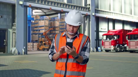 asian male engineer with safety helmet using smartphone and looking around while standing , outside of logistics distributions warehouse