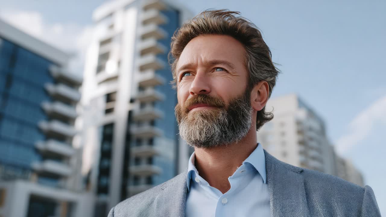 A Thoughtful Man Stands Confidently Against a Modern Urban Backdrop, Reflecting on His Aspirations and Future Amidst Contemporary Architecture and Clear Skies