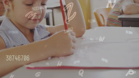 animación de números cambiantes y múltiples letras sobre chica caucásica escribiendo en un libro