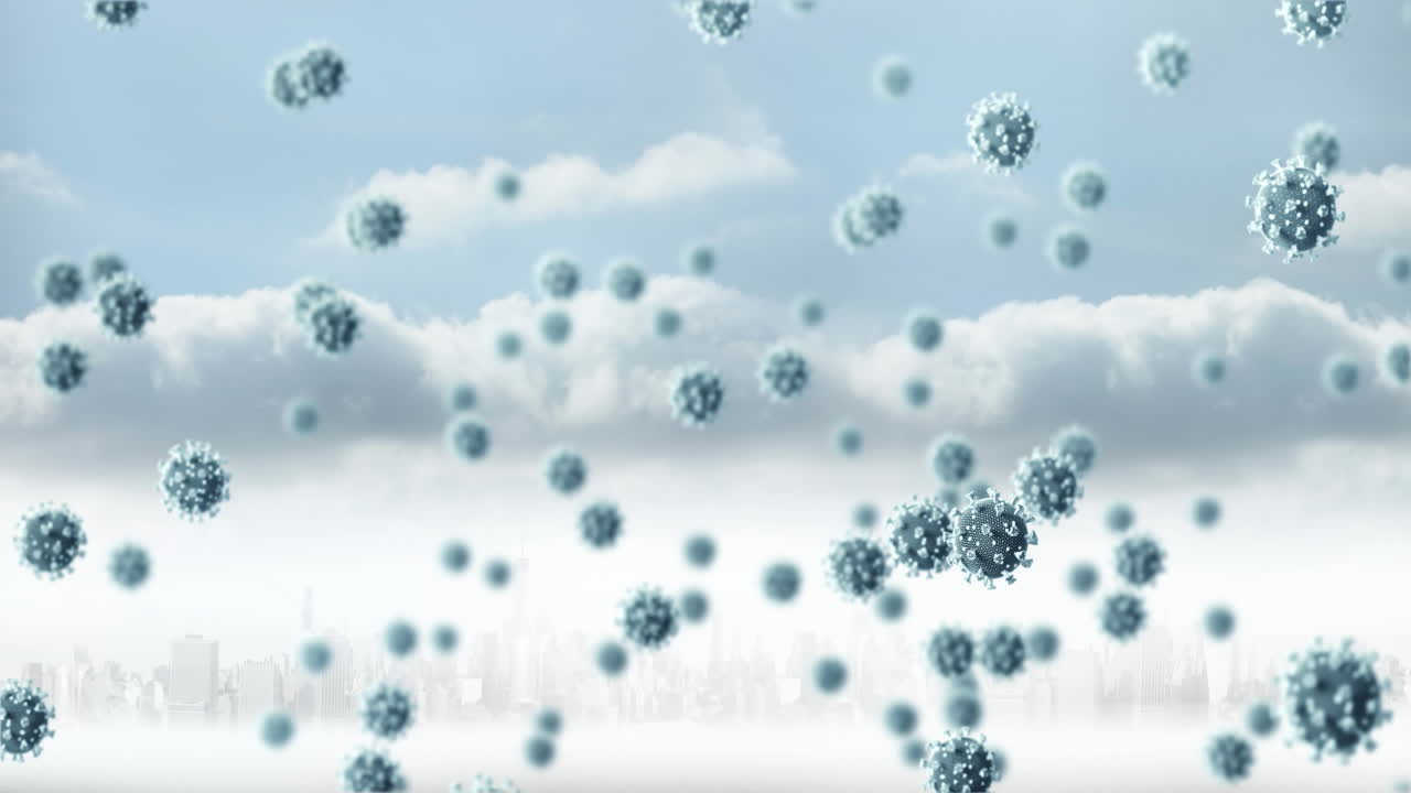 遠くの都市風景と背景の雲の上に浮かぶcovid-19細胞のアニメーション