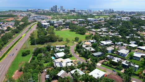 aerial drone of stuart park suburb by highway and marina port in darwin nt australia