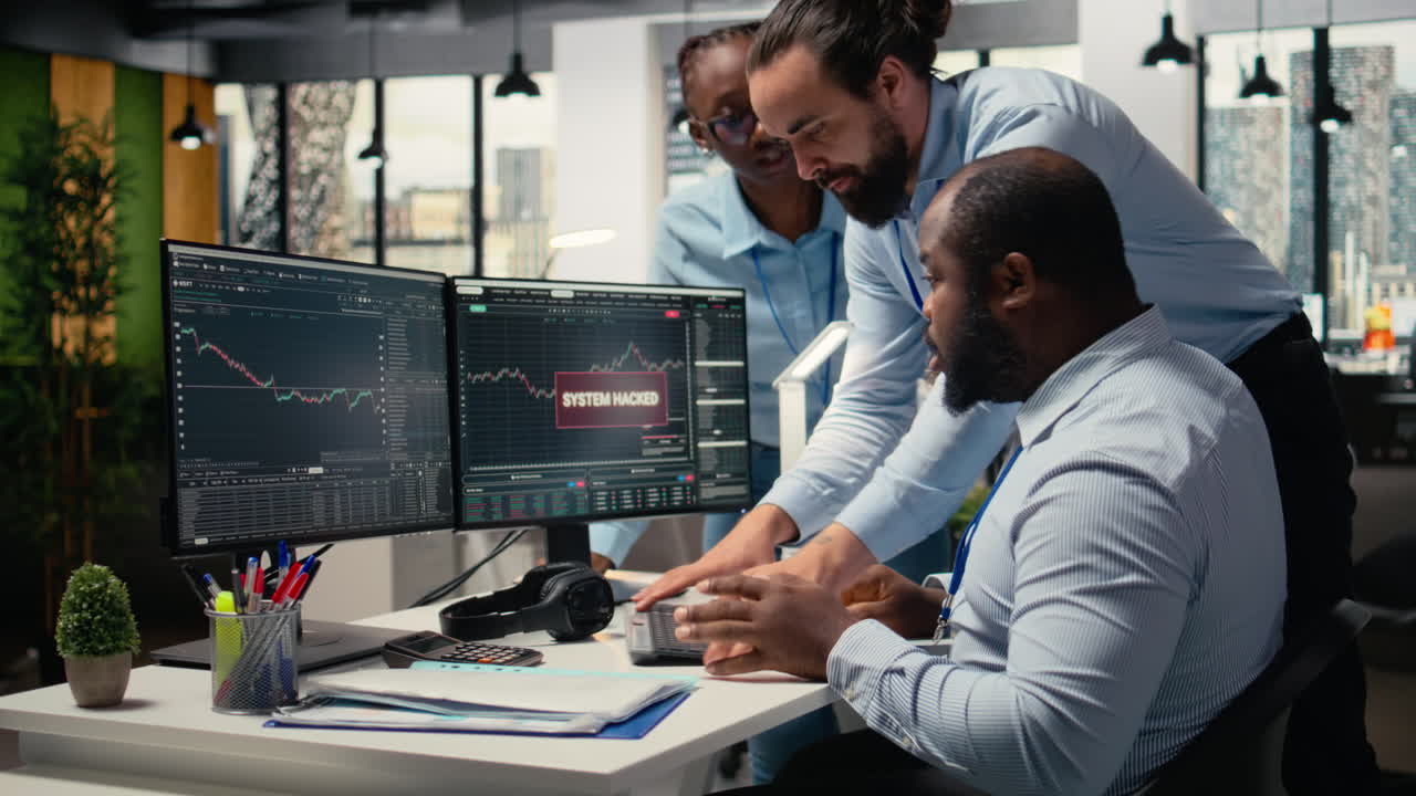 Teamworking traders in office work together to resolve hacker security alert