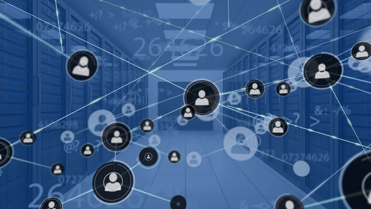 Animation of network of connections with digital icons over computer servers