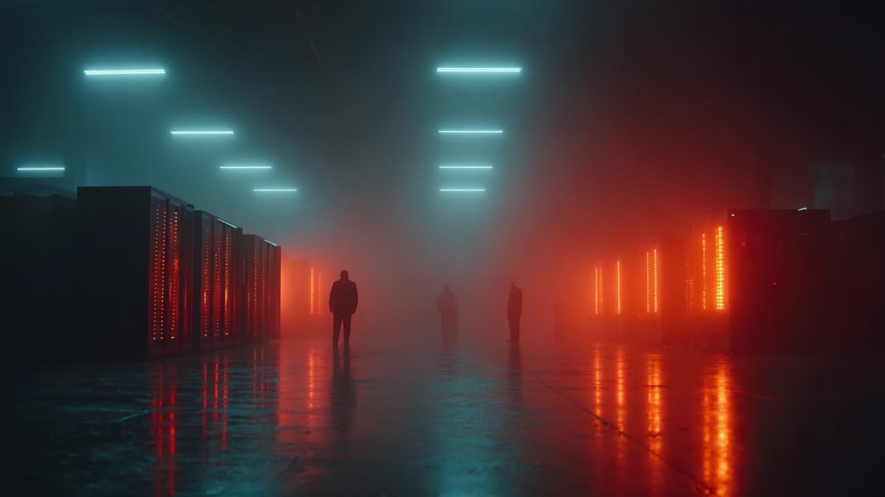 Mysterious Figures in a Dimly Lit Warehouse Surrounded by Illuminated Structures and Thick Fog, Creating an Atmosphere of Suspense and Intrigue