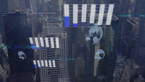 Animation-of-graphs,-globes-and-computer-language-over-aerial-view-of-modern-buildings