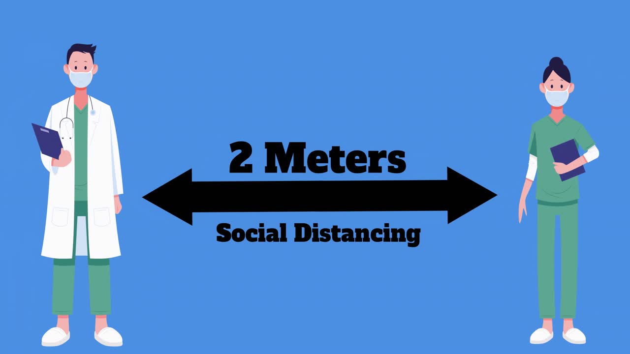의사와 간호사 아이콘은 파란색 배경에 2 미터의 사회적 거리를 유지합니다.