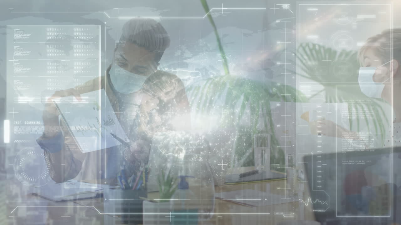 다양한 사업가들이 얼굴 마스크를 착용한 채로 전 세계를 가로질러 디지털 화면을 애니메이션으로 표시합니다.