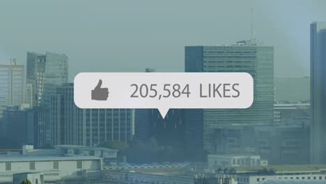 animation of social media icon and data processing over cityscape