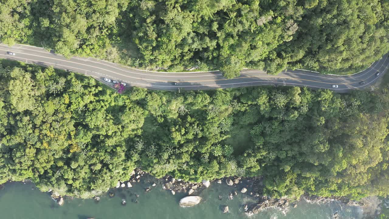 balneario camboriu, santa catarina, brazil의 interpraias 도로에서 정글 산을 보여주는 드론 공중보기